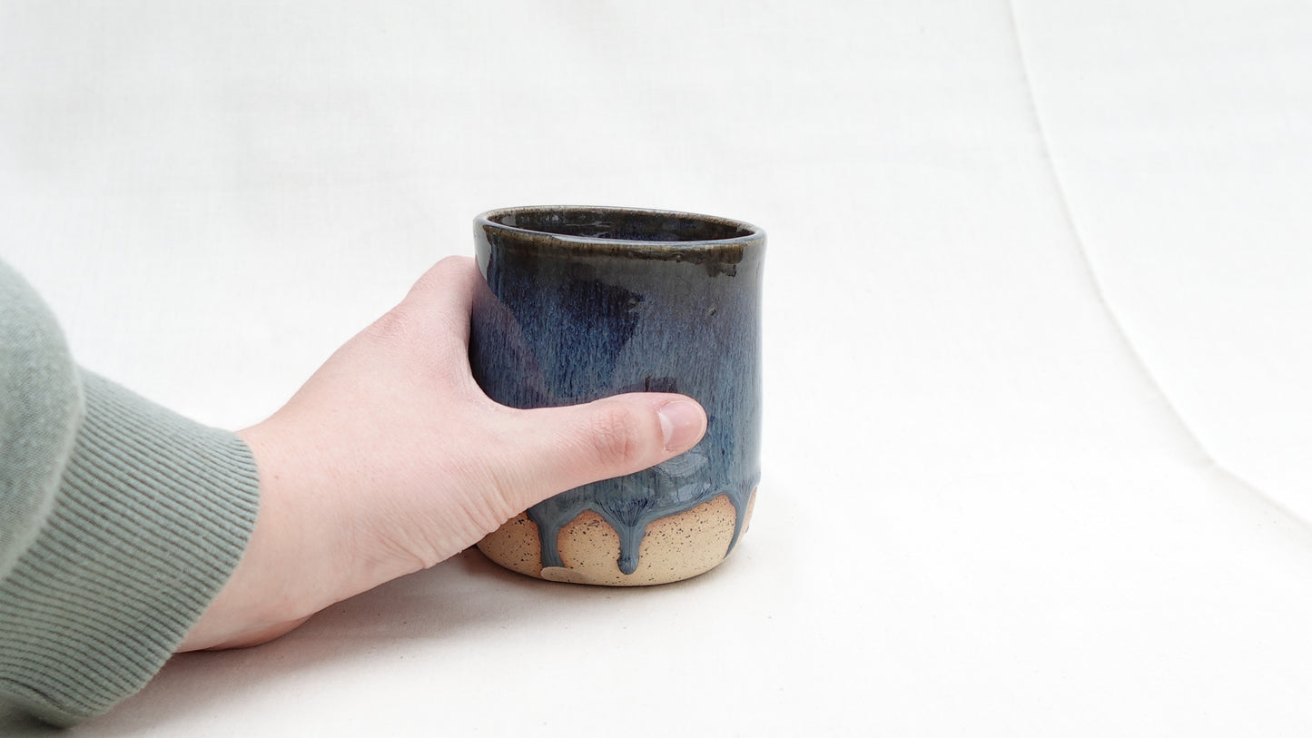 Handmade Ceramic Thumb Cup – Cloud Drip Blue Glaze (sale)