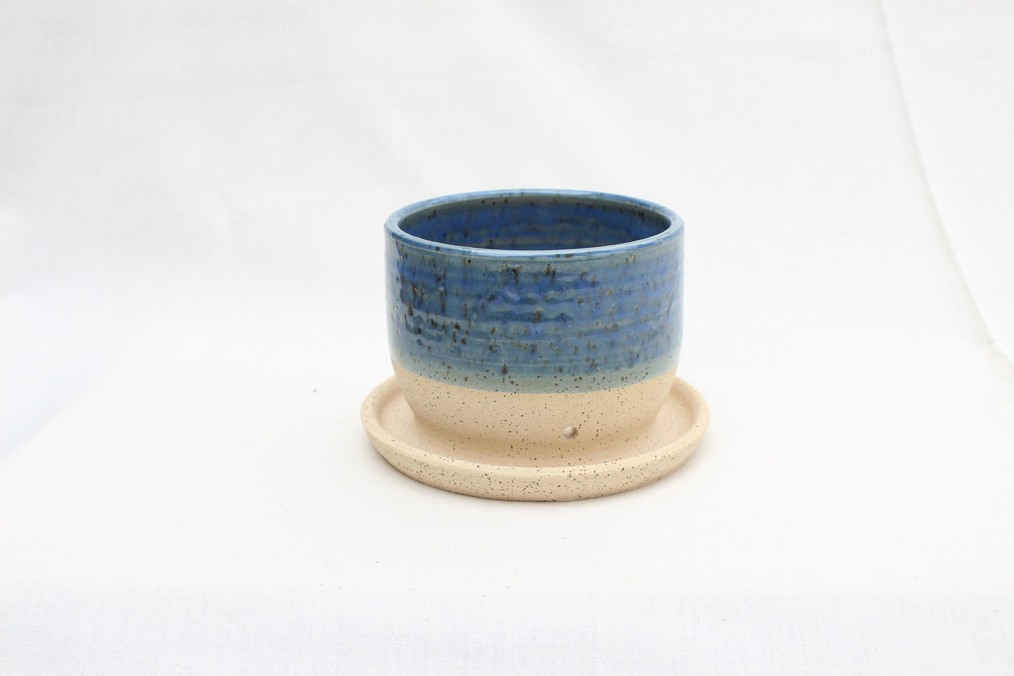 Handmade Ceramic Planter with Drainage – Indigo Rim, Speckled Stoneware