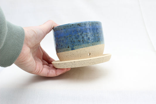Handmade Ceramic Planter with Drainage – Indigo Rim, Speckled Stoneware