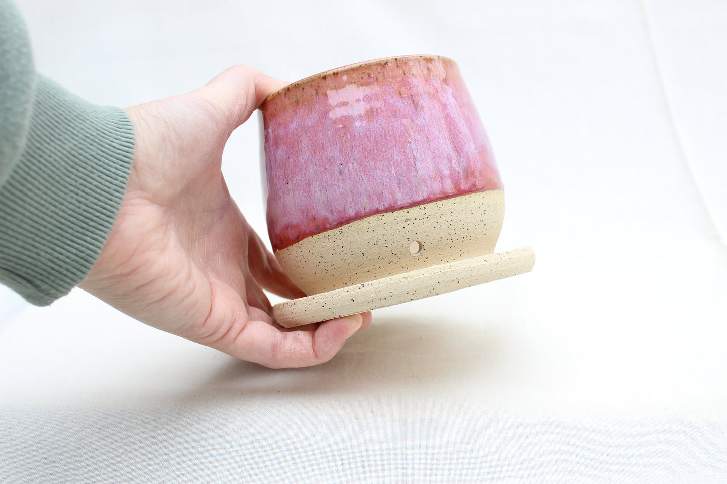 Handmade Ceramic Planter with Drainage – Rose Pink Glaze, Speckled Stoneware