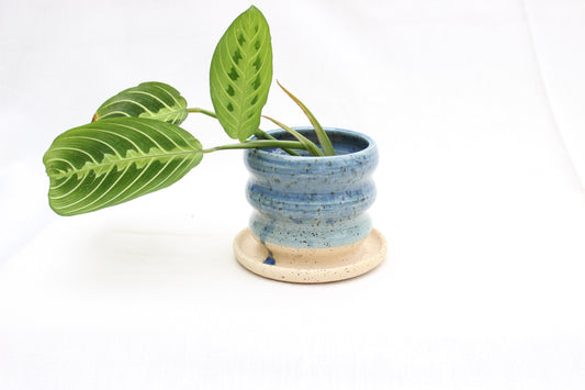 Handmade Ceramic Planter with Drainage – Ripple Texture, Blue Glaze