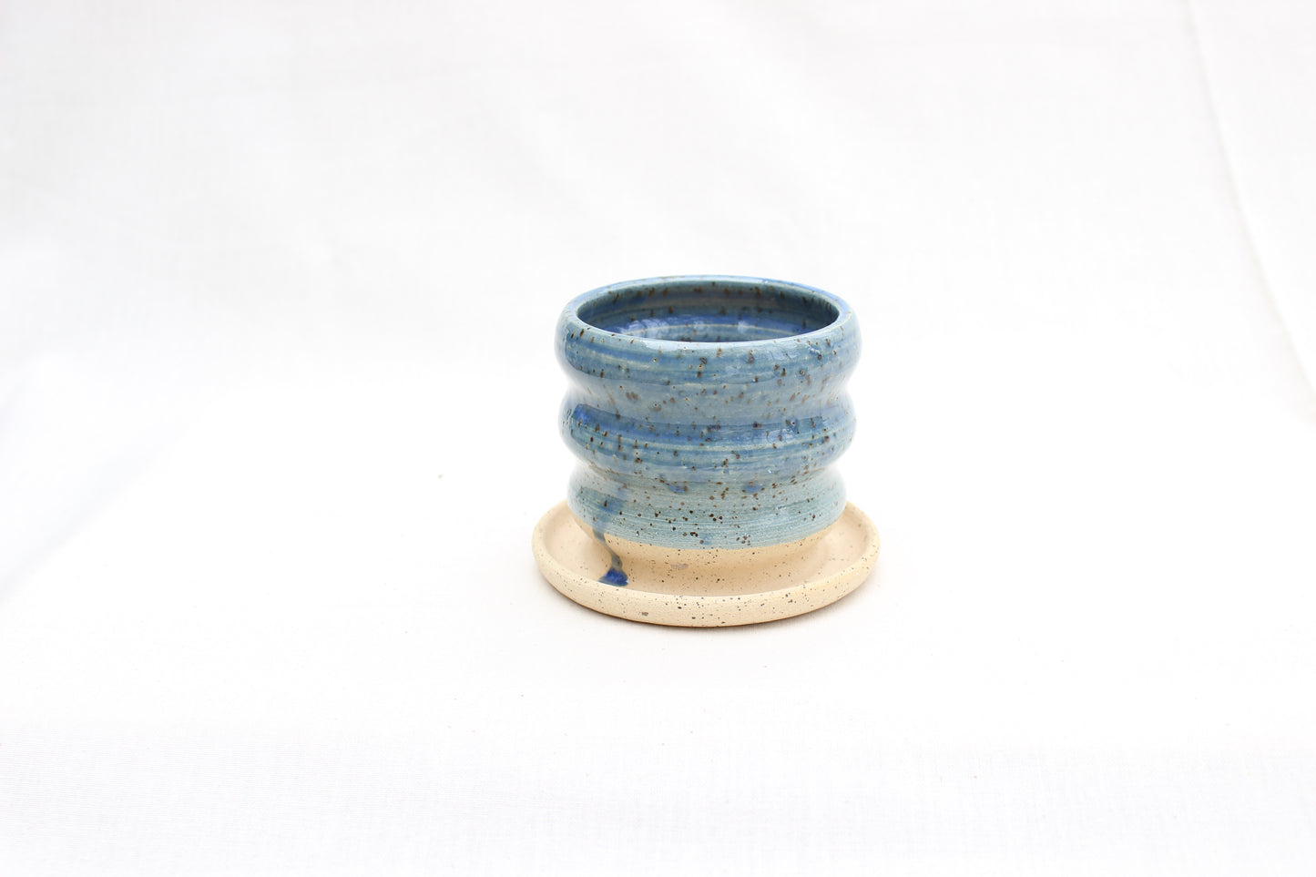 Handmade Ceramic Planter with Drainage – Ripple Texture, Blue Glaze