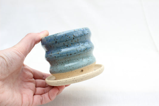 Handmade Ceramic Planter with Drainage – Ripple Texture, Blue Glaze